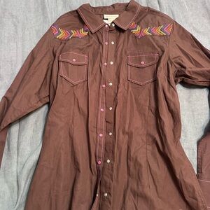Brown Embroidered Pearl Snap Shirt